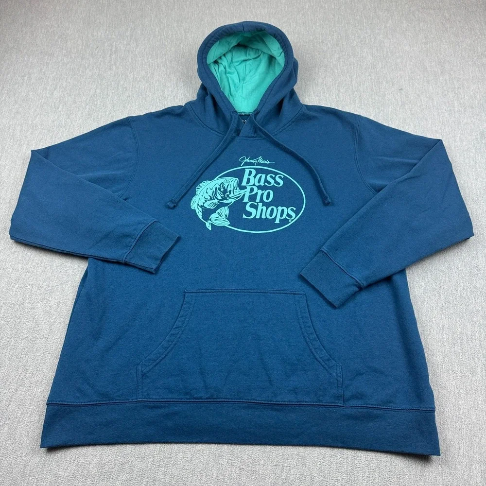 Bass Pro‎ Shops Hoodie Mens XL Blue Pullover Sweatshirt Fleece Graphic Outdoor